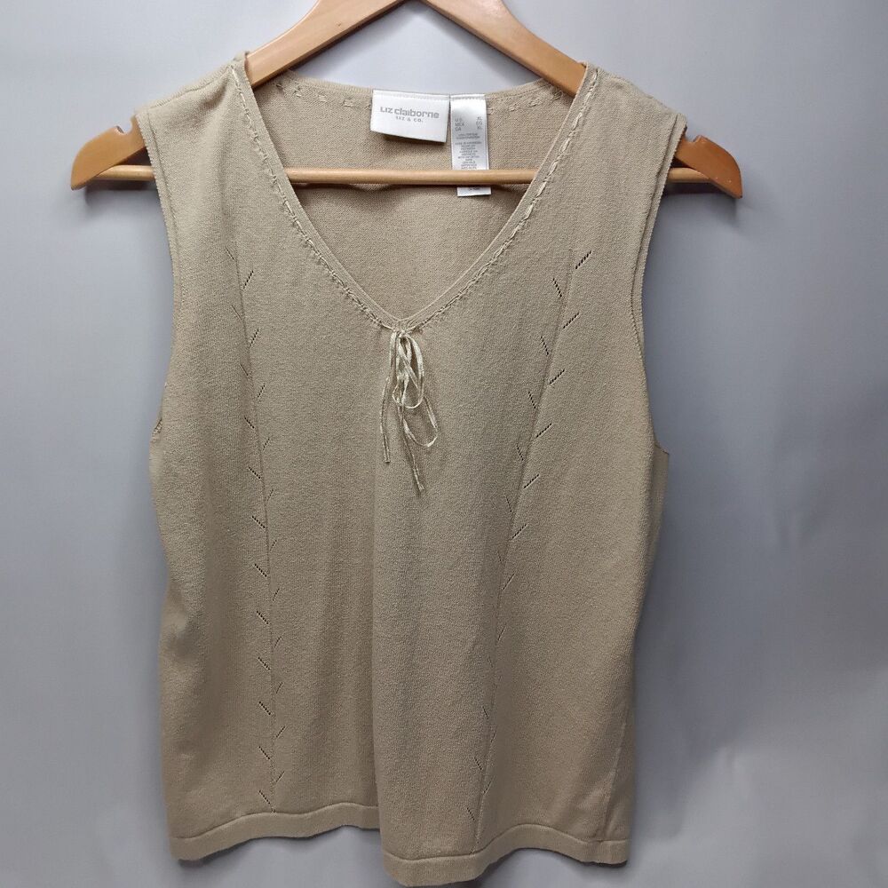 Liz Claiborne Sweater Tank Top Size XL Gold Tan Pointelle Knit V-Neck Sleeveless